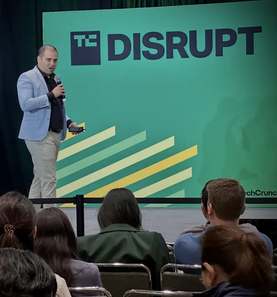John Khazraee pitching MayimFlow on the TechCrunch Disrupt stage